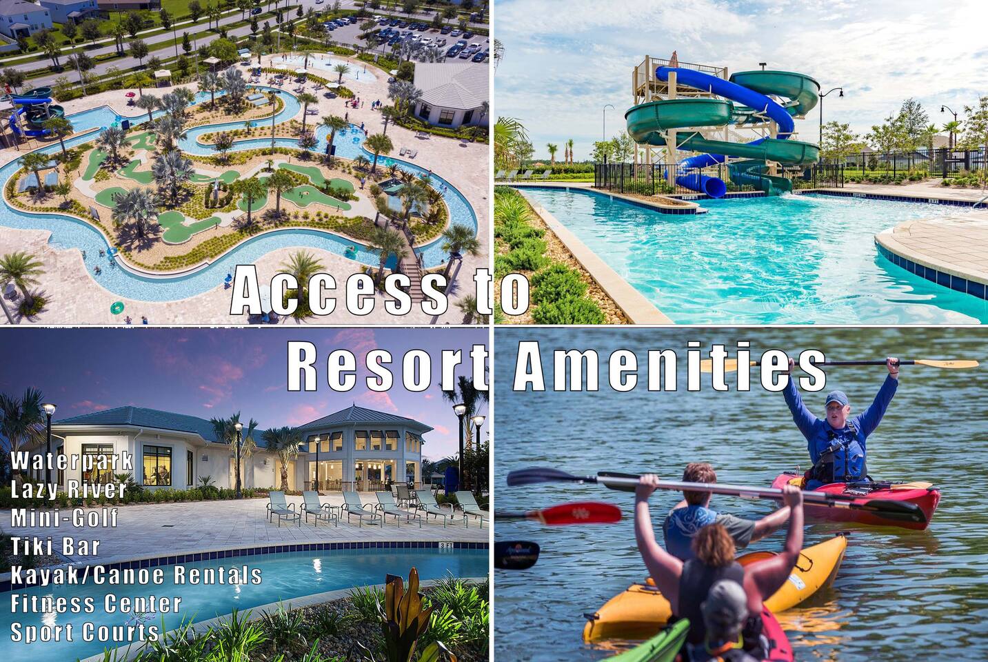 Collage of resort amenities including waterpark, lazy river, mini-golf, tiki bar