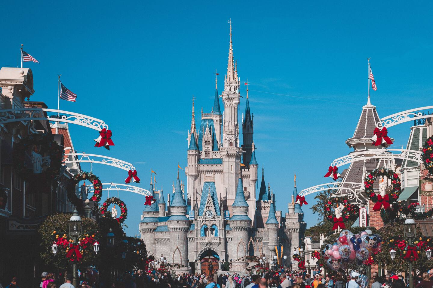 Castle and holiday decorations at a theme park a short drive from the home